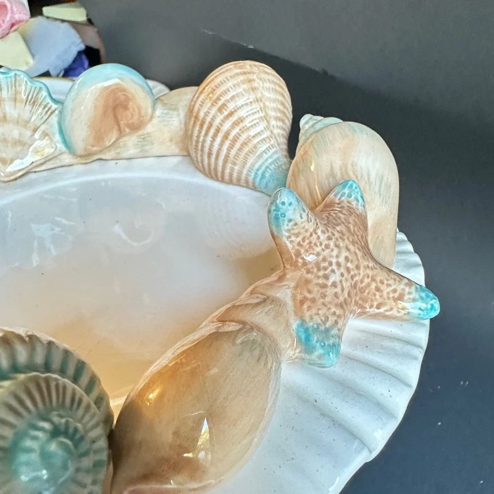 Fitz and Floyd Seashell Compote Footed Bowl Coastal Beach Decor Cream Peach Aqua